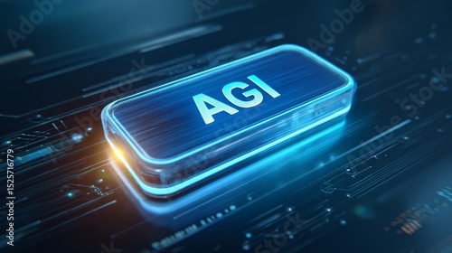 Blue glowing AGI button on futuristic technology interface