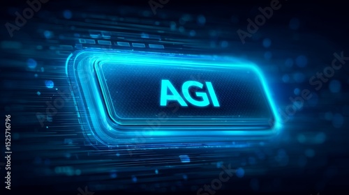 Blue glowing AGI button on futuristic technology interface
