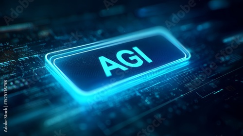 Blue glowing AGI button on futuristic technology interface