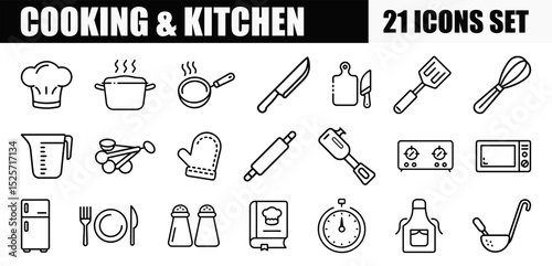 A diverse set of 21 black and white line icons representing various cooking and kitchen items and concepts.