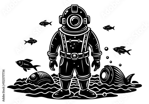 A stylized monochrome illustration of a vintage diver in a heavy deep-sea suit, standing in water with fish and bubbles around him.