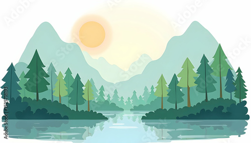 Scenic Mountain Landscape with Forest and River Illustration