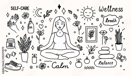 Vector doodle illustration of a woman meditating surrounded by wellness and self-care elements. Hand-drawn black and white line art, perfect for yoga, mindfulness, and lifestyle designs.