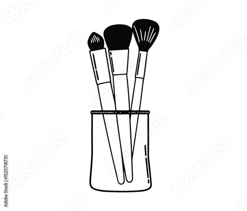 Cosmetic Brushes in Jar Icon in Black and White Style, Black Makeup Brush Holder, Beauty Tools Silhouette, Makeup Brushes Clipart, Cosmetic Brush Set in Holder.