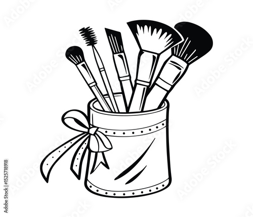 Cosmetic Brushes in Jar Icon in Black and White Style, Black Makeup Brush Holder, Beauty Tools Silhouette, Makeup Brushes Clipart, Cosmetic Brush Set in Holder.