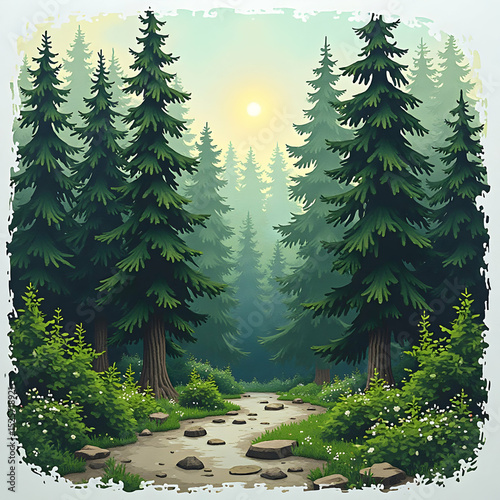 Walking Path Through Pine Forest at Sunrise with Misty Haze