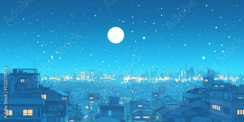煌めく星と三日月が輝く夜の都市風景イラスト、レトロポップな色彩とネオンの街並みが織りなす幻想的な夜空、シティポップ風の世界観を描いた高品質作品