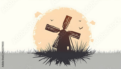 Windmill Silhouette Against Sunset Sky with Grass