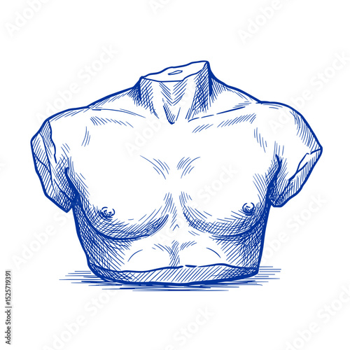 Ancient Greek Male Torso Sculpture Sketch, Blue Line Art. Ruined Classical Statue Fragment. Design element for history, art, education, museums, travel