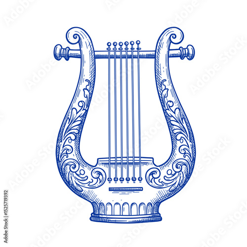 Ancient Lyre Illustration, Blue Line Art Sketch. Symbol of Ancient Greek Music & Art. Design element for history, education, music, travel