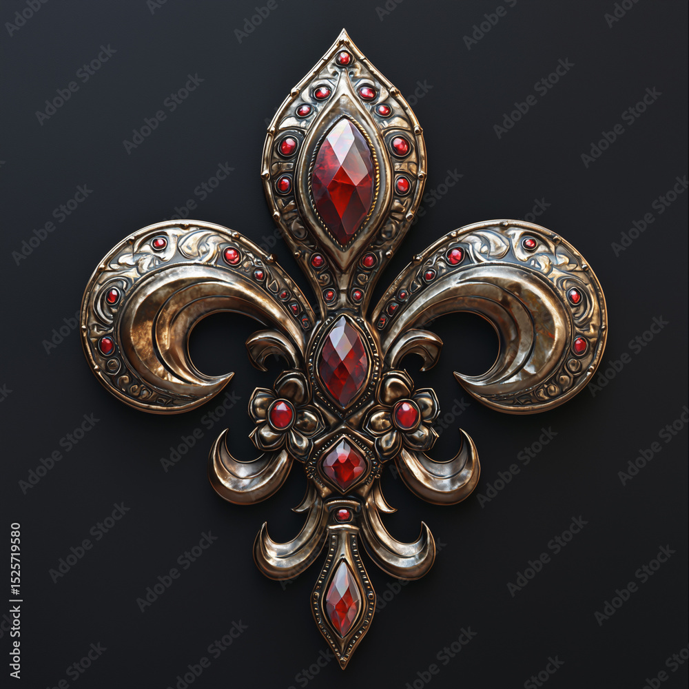 Fototapeta premium Jewel-encrusted metallic fleur-de-lis with ornate red gemstone accents 