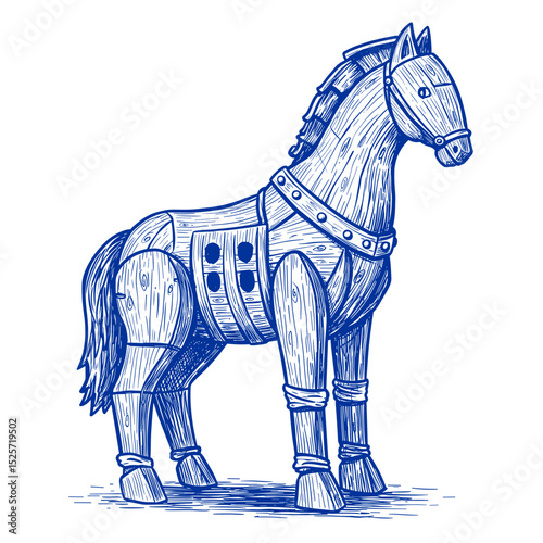 Wooden Trojan Horse Illustration, Hand drawn sketch, Cobalt blue. Symbol of Ancient Greek mythology. Design element for history and education