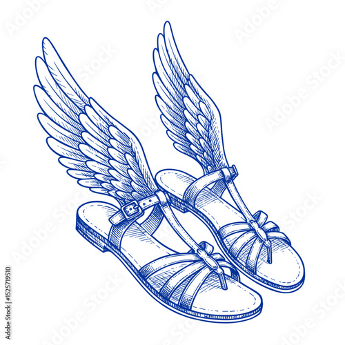 Hermes' Winged Sandals Illustration, Blue line art sketch. Symbol of speed, travel & freedom, Ancient Greek mythology. Use for travel, tourism, history design