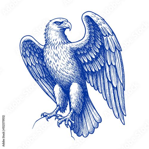 Zeus's Eagle Illustration. Detailed blue drawing of the ancient Greek mythology symbol with spread wings. Power concept, Design element for history and mythology