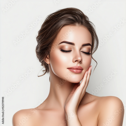 Elegant young woman with glowing skin posing in serene beauty portrait
