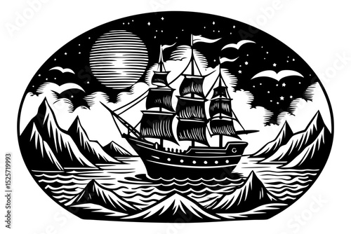 An ornate, black and white illustration of a three-masted ship sailing amidst mountains and a celestial sky with a large moon.
