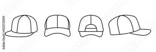 Cap icon vector illustration, White cap plain for mockup design, cap line art, baseball hat icon, baseball-cap clipart, hat mockup vector, caps side views for mockup design. cap front and back design.