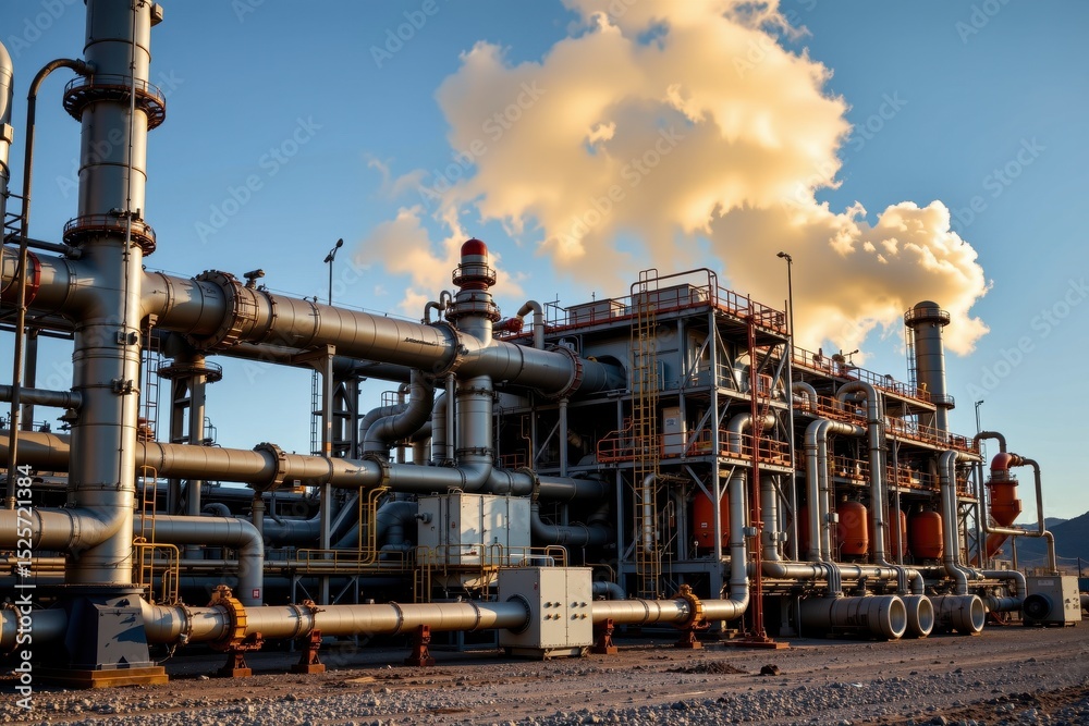 Fototapeta premium Industrial facility with complex piping systems and smoke emissions under blue sky during sunset in an oil and gas industry setting