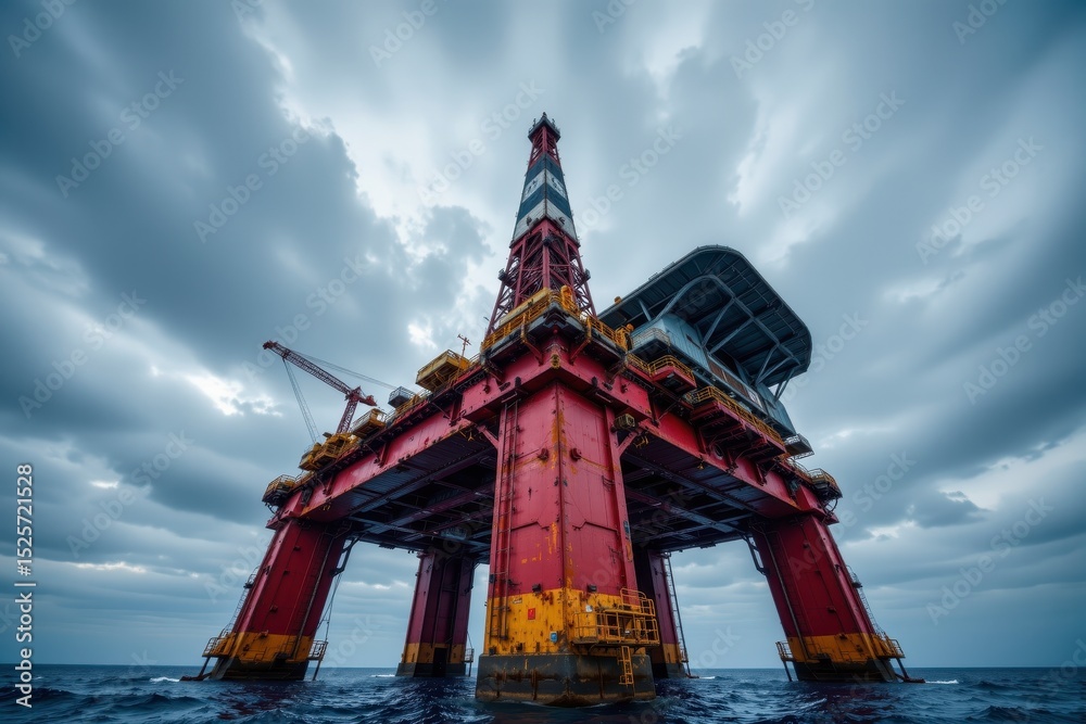 Obraz premium Offshore oil rig platform standing tall in turbulent sea under moody sky with dramatic clouds and industrial engineering details