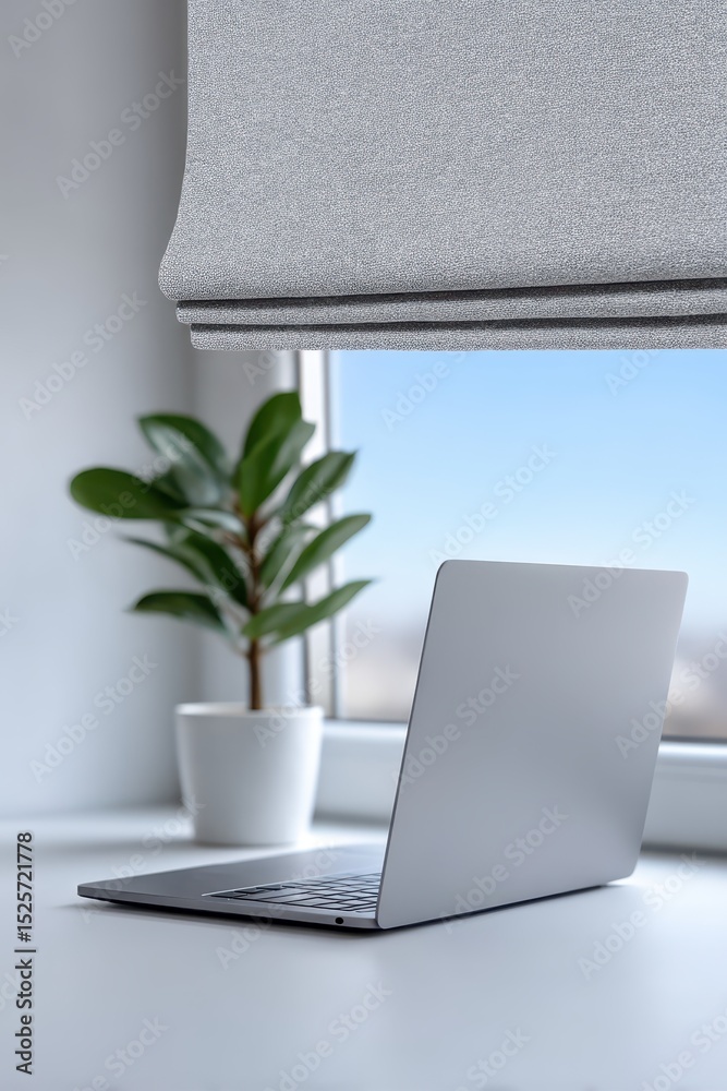 Fototapeta premium Modern minimalist workspace featuring a laptop and indoor plant by the window during daylight. UV Safety Month, National Stay Out of the Sun Day