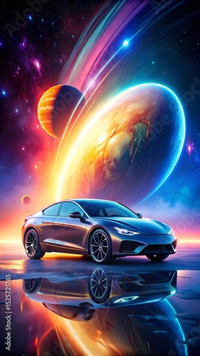Galactic car unveiling scene with interplanetary background and futuristic lighting vertical format optimized for digital auto advertisements laralara for creating ads news for text