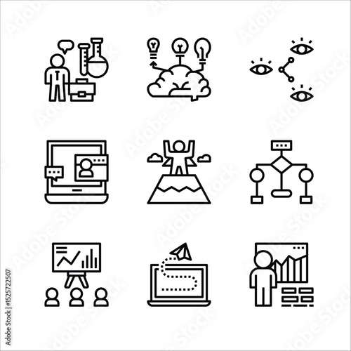 Business essentials are represented by nine iconic symbols highlighting diverse facets of business.