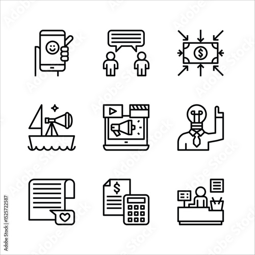 Business essentials are represented by nine iconic symbols highlighting diverse facets of business.