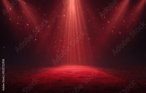 Red spotlight stage, glowing particles