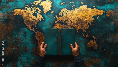 Global evangelism in Christianity is represented by an image of a Bible and world map with space for text, suitable for the Great Commission and Earth Day