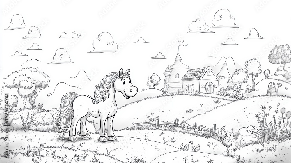 Fototapeta premium Cartoon horse in idyllic countryside landscape, pencil sketch.