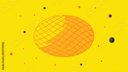 Abstract geometric illustration of an orange sphere with scattered colorful spheres on yellow