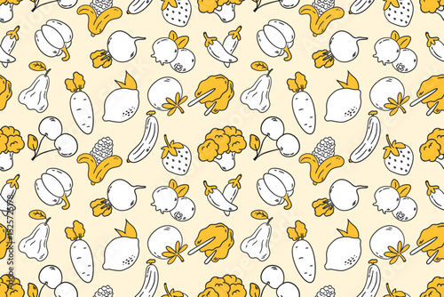 Seamless pattern with vector illustrations of vegetables and fruits. Hand drawn healthy food set and botanical cartoon background.