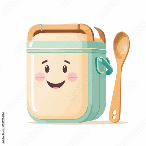 Flat vector icon of a pastel lunchbox with a smiling cartoon face and reusable bamboo spoon