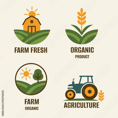 Collection of four farm-themed vector logos with barn, tractor, wheat, field, tree, and sun. Flat vector design elements with text labels. Organic food and agriculture business identity concept