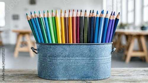 Colored pencils in a decorative metal container.