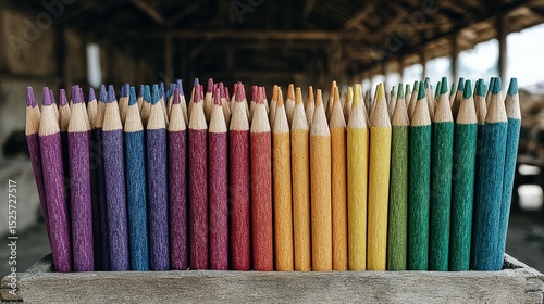 Colorful pencils arranged in a wooden box.
