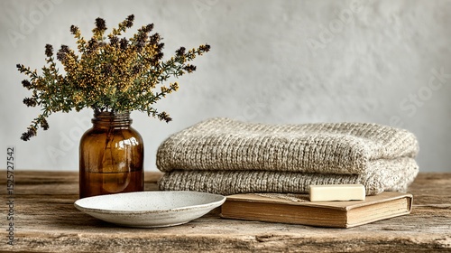 A still life arrangement of fall flowers, cozy knitwear, and rustic elements.