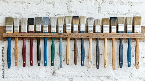 Wooden wall rack holding a variety of paintbrushes.