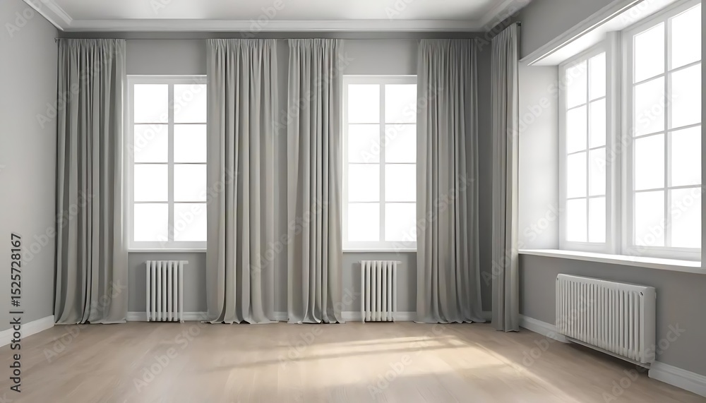 Fototapeta premium Sunlit Room with Gray Walls, White Windows and Delicate Fabric Drapes