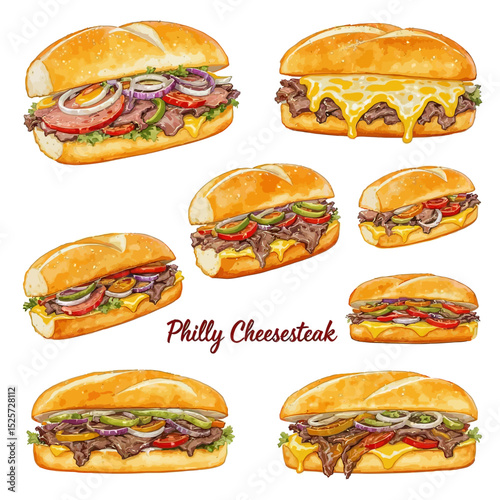 Delicious Philly Cheesesteak Sandwiches with Melted Cheese and Colorful Toppings Illustration