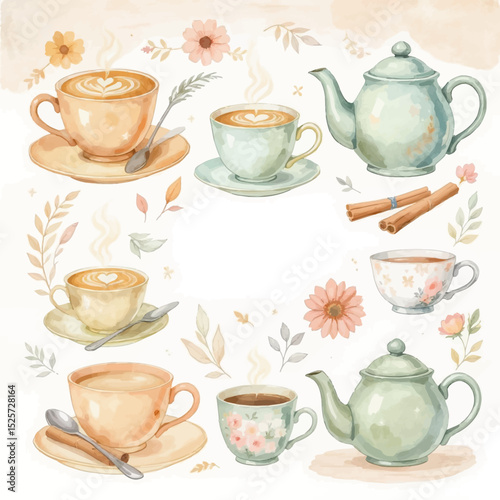 Watercolor Teacups, Teapots, and Cinnamon Sticks with Floral and Leafy Accents.