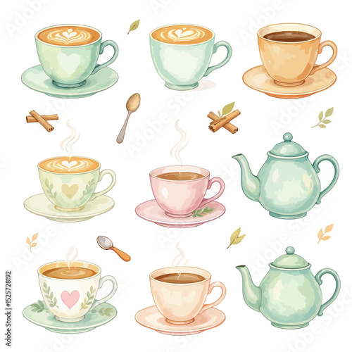 Watercolor Coffee and Tea Collection with Latte Art and Teapots