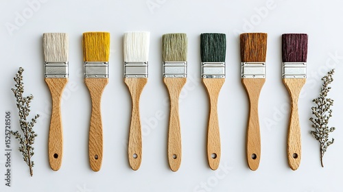 Various paintbrushes in different colors arranged in a row.