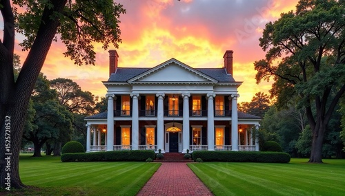 Majestic antebellum plantation house, columns rising against a vibrant Southern sky, lush landscape surrounding Perfect for historical, architectural, or travel themes , grand, autumn