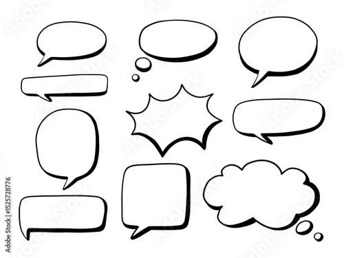 Hand Drawn Comic Speech Bubble Set. A playful collection of 10 hand drawn comic bubbles including speech shapes thought clouds bursts and tags in bold outline style. Perfect for comics stickers