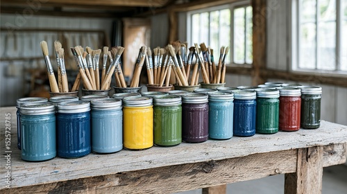 Jars of assorted paints and paintbrushes on a rustic wooden table.