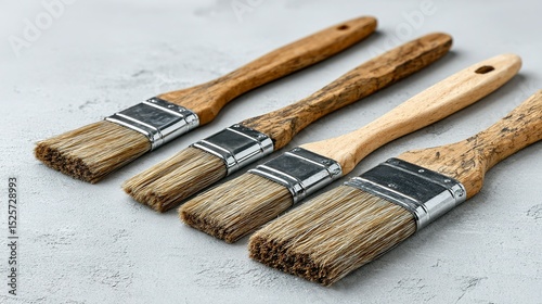 Four paintbrushes arranged on a light gray surface.