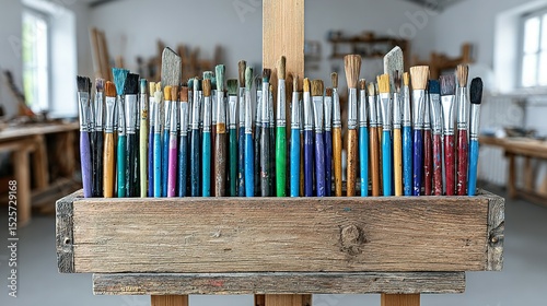 Colorful paintbrushes in a wooden box.
