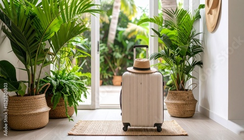 Minimalist suitcase and travel gear in a modern entryway, packed for a summer trip—neutral tones, clean lines, editorial style