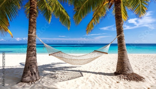 Tropical beach with a hammock between two palm trees, turquoise sea, and bright sky—no people, calm and relaxing mood